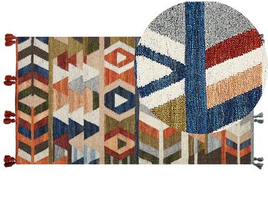 Kelim Teppich Wolle mehrfarbig 80 x 150 cm geometrisches Muster Kurzflor KAGHSI