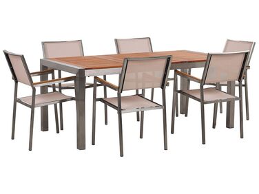 Hatszemélyes étkezőasztal eukaliptusz asztallappal és bézs textilén székekkel GROSSETO