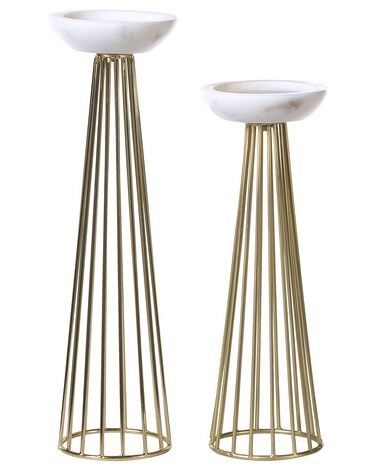 Set of 2 Metal Candlesticks Gold and White PORONG