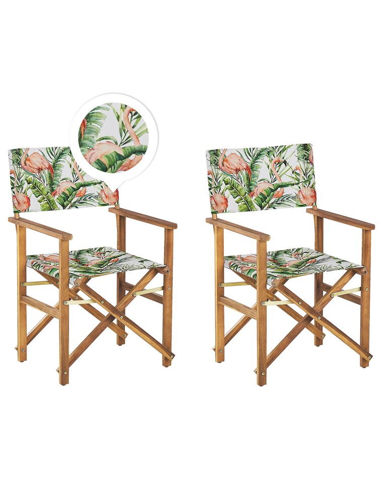 Zestaw 2 krzeseł ogrodowych i 2 wymiennych tkanin jasne drewno akacjowe z białym / wzór we flamingi CINE_819272