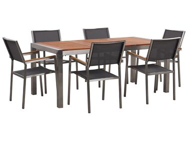 Hatszemélyes étkezőasztal eukaliptusz asztallappal és szürke textilén székekkel GROSSETO