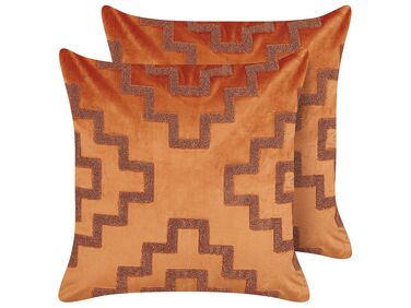 Set of 2 Velvet Cushions Geometric Pattern 45 x 45 cm Orange SERGIPE 
