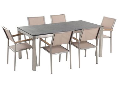 Conjunto de mesa com tampo granito flameado preto 180 x 90 cm e 6 cadeiras creme GROSSETO