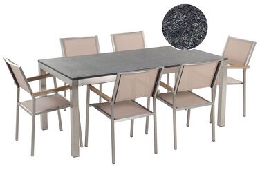 Conjunto de jardín mesa con tablero de piedra natural pulida negra 180 cm, 6 sillas de tela beige GROSSETO