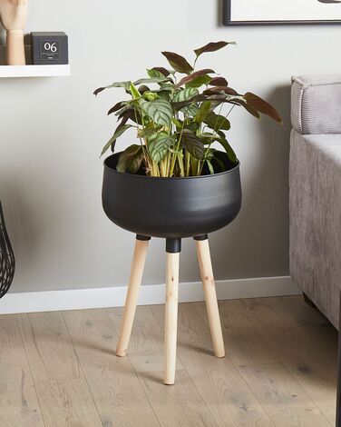 Metal Plant Pot Stand 35 x 35 x 55 cm Black with Light Wood AGROS