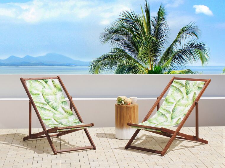 Set of 2 Acacia Folding Deck Chairs and 2 Replacement Fabrics Dark Wood with Off-White / Green Palm Leaves Pattern ANZIO_819952