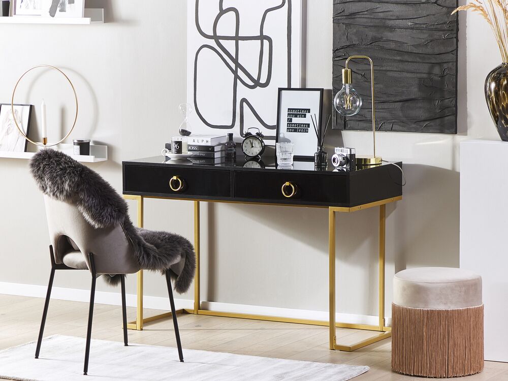 Home Office Desk 2 Drawer Console Table Black With Gold Westport Beliani De