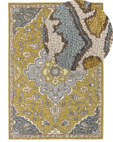 Teppich Wolle gelb / blau 160 x 230 cm orientalisches Muster Kurzflor MUCUR