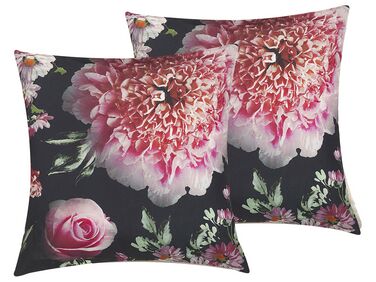 Lot de 2 coussins décoratifs motif fleurs noir / rose 45 x 45 cm HEDERA