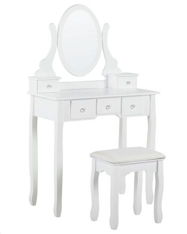 Toiletbord med 5 skuffer, ovalt spejl og hvid GALAXIE skammel