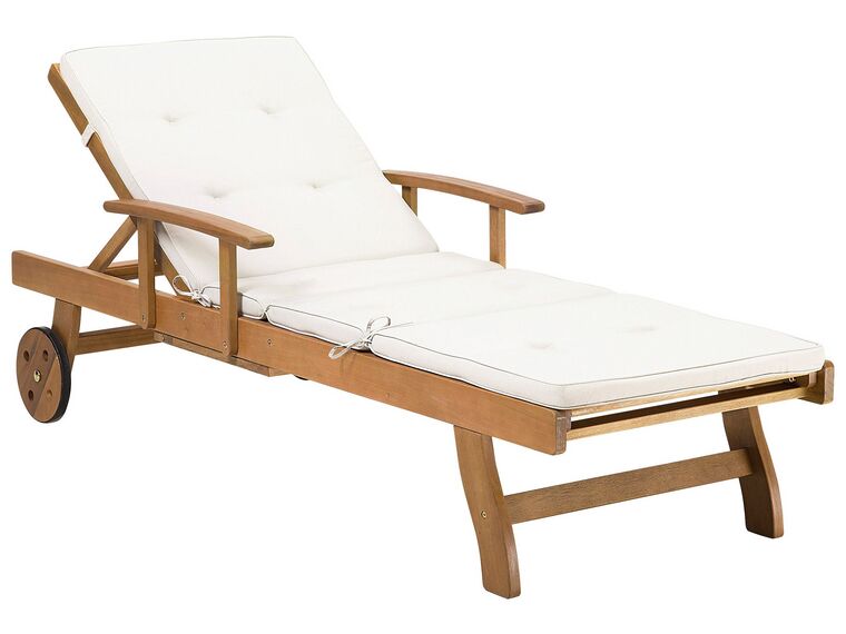 Chaise longue en bois naturel avec coussin blanc crème JAVA_763022