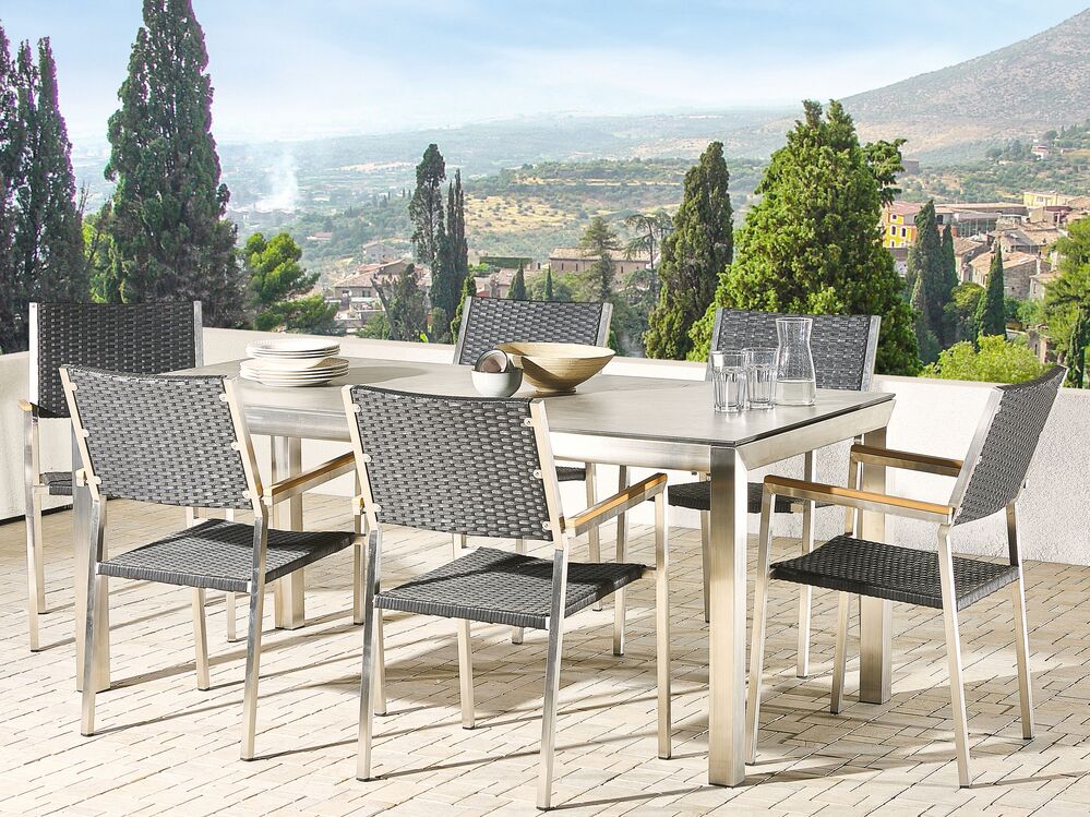 6 Seater Garden Dining Set Concrete Veneer Hpl Top With Rattan Black Chairs Grosseto Beliani De