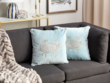 Set of 2 Velvet Cushions Crab Motif 45 x 45 cm Blue BOSSIELLA