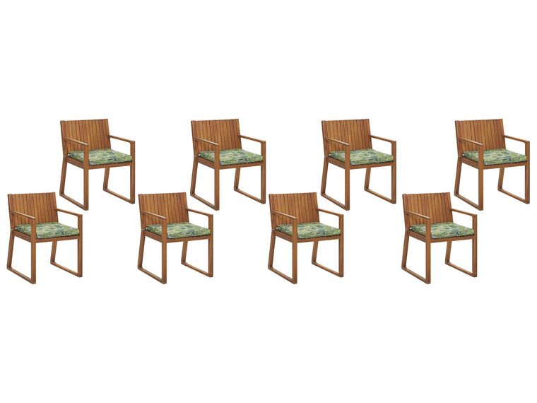 Sada 8 záhradných jedálenských stoličiek z akáciového dreva s podsedákmi s listovým vzorom zelená SASSARI_774905