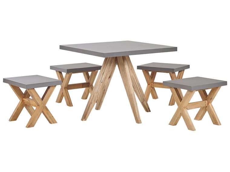 Set de jardin table carrée et 4 tabourets en fibre-ciment gris et bois OLBIA_806386