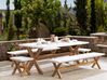 Nyolcszemélyes fehér beton étkezőasztal két paddal és két hokedlivel OLBIA_829718