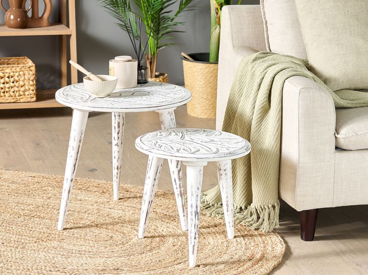 Set of 2 Mango Wood Side Tables OffWhite CHANDRA Beliani.co.uk