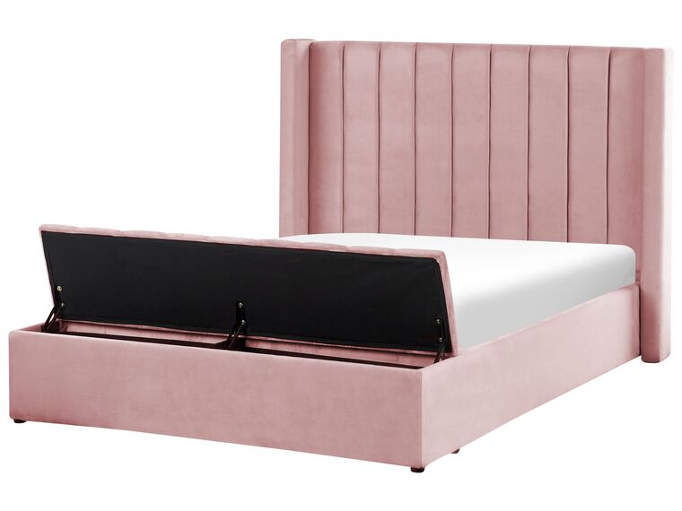 Bed met opbergbank fluweel roze 140 x 200 cm NOYERS_834489