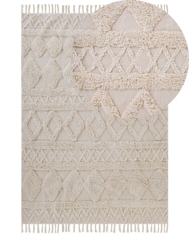 Teppich Baumwolle beige 160 x 230 cm geometrisches Muster Fransen Kurzflor DIDIM
