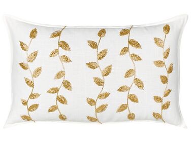 Bawełniana poduszka dekoracyjna haftowana w liście 30 x 50 cm biała ze złotym NERIUM