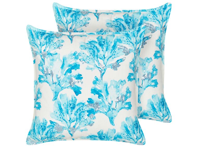Set of 2 Cotton Cushions Coral Motif 45 x 45 cm White and Blue ROCKWEED_893025