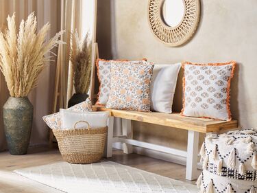 Set of 2 Fringed Cotton Cushions Floral Pattern 45 x 45 cm White and Orange SATIVUS