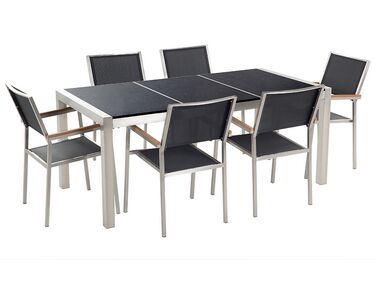 Table de jardin plateau granit noir poli 180 cm 6 chaises noires GROSSETO