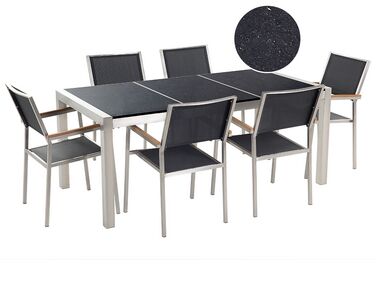 Table de jardin plateau granit noir poli 180 cm 6 chaises noires GROSSETO