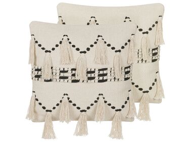 Set of 2 Cotton Cushions with Tassels 45 x 45 cm Beige and Black THONDI