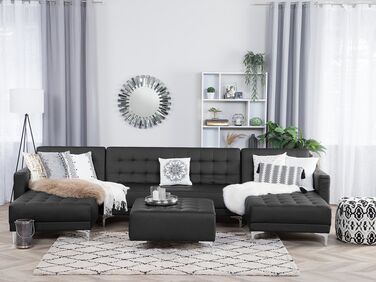 5-seters sofa med sovefunksjon + fotskammel kunstskinn svart ABERDEEN