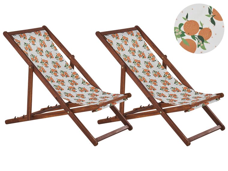 Set of 2 Acacia Folding Deck Chairs and 2 Replacement Fabrics Dark Wood with Off-White / Oranges Pattern ANZIO_819820