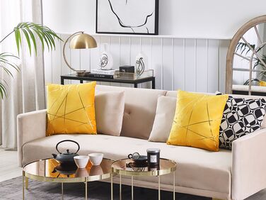 Set of 2 Velvet Cushions Geometric Pattern 45 x 45 cm Yellow PINUS