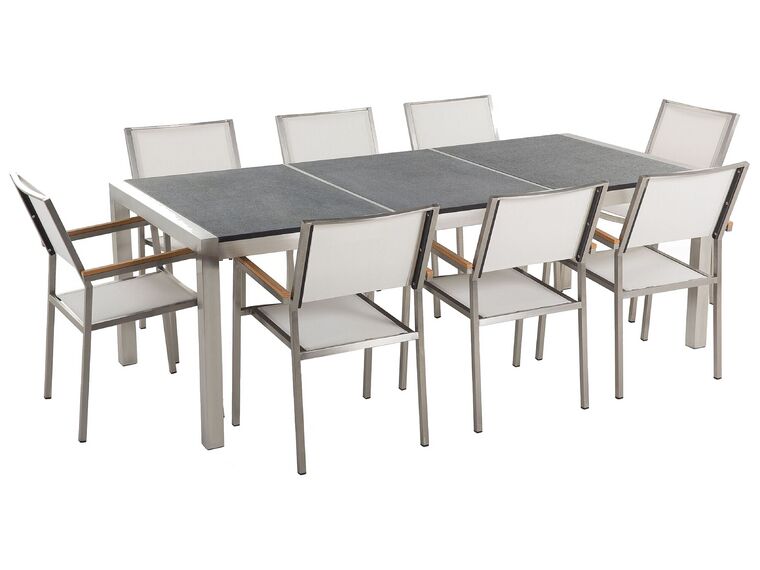 Nyolcszemélyes fekete gránit étkezőasztal fehér textilén székekkel GROSSETO_379916