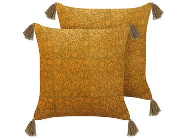 Set of 2 Velvet Cushions Floral Pattern with Tassels 45 x 45 cm Yellow RHEUM