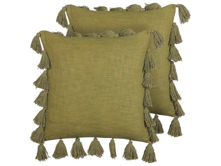 Set of 2 Cotton Cushion with Tassels 45 x 45 cm Green LYNCHIS_838696