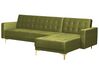 Canapé d'angle 4 places côté gauche en velours vert avec ottoman ABERDEEN_882346