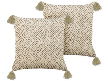 Set of 2 Velvet Cushions Geometric Pattern with Tassels 45 x 45 cm Beige SANTOLINA