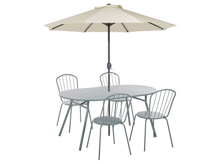 Utemöbelgrupp med 4 stolar ljusblå CALVI och parasoll (16 varianter)_877714