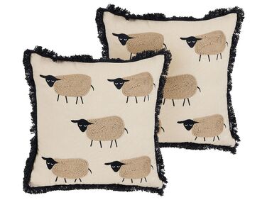 Set of 2 Fringed Cushions Sheep Motif 45 x 45 cm Beige BANNU