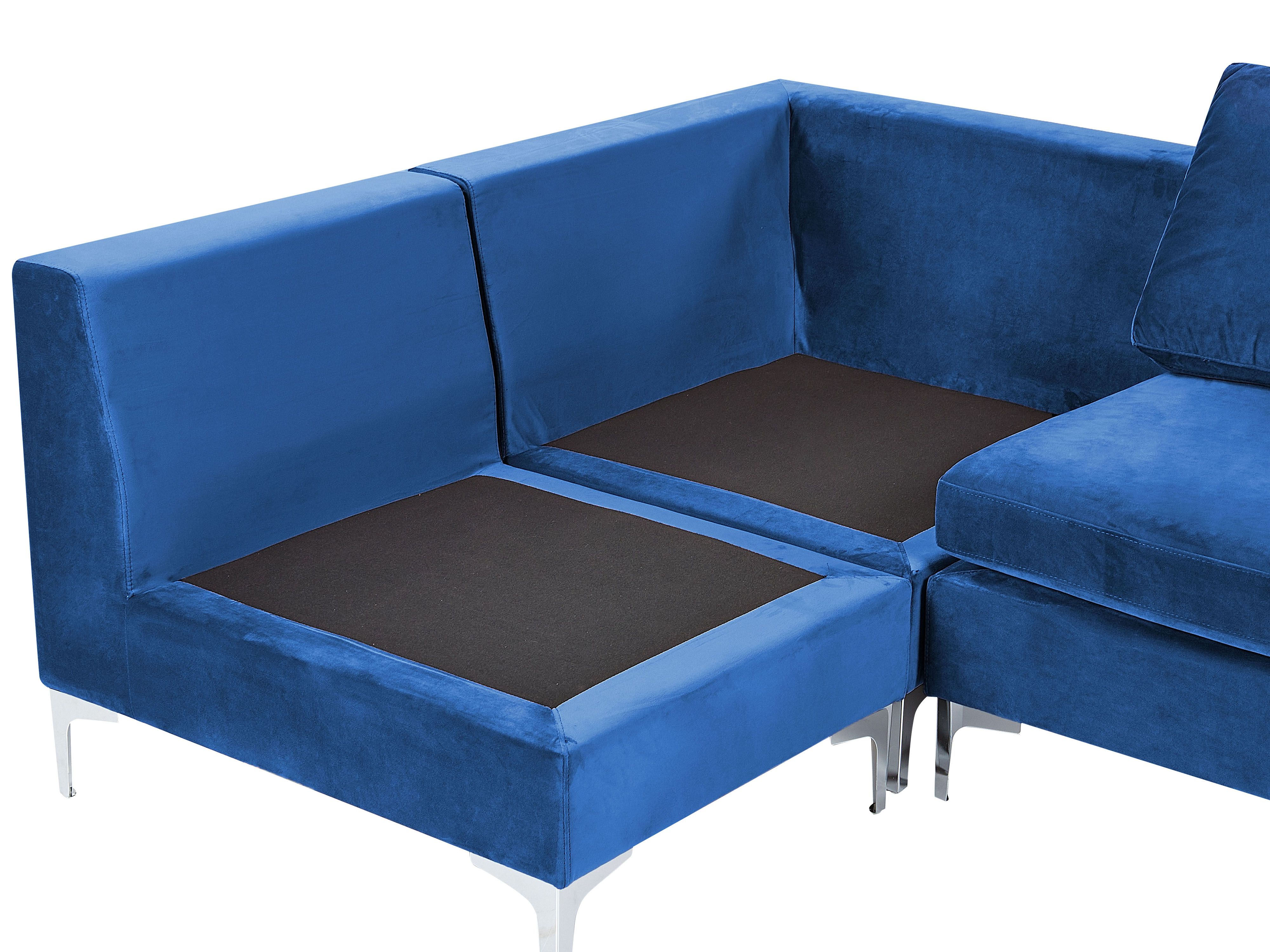 Left Hand 5 Seater Modular Velvet Corner Sofa with Ottoman Blue EVJA