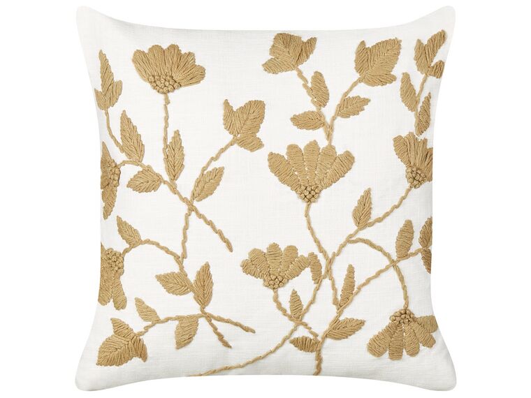 Bawełniana poduszka dekoracyjna haftowana w kwiaty 45 x 45 cm biała z beżowym LUDISIA_892673