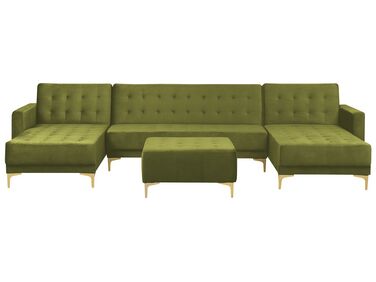 5 personers u-sofa med chaiselong og fodskammel grøn velour ABERDEEN