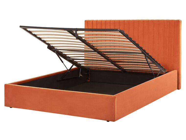 Zamatová posteľ s úložným priestorom 160 x 200 cm oranžová VION_826784