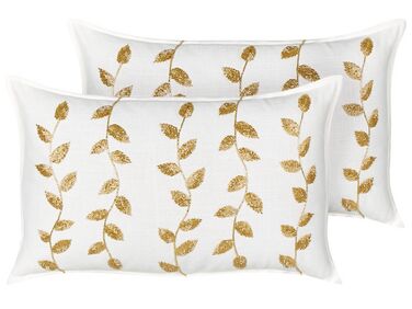 2 bawełniane poduszki dekoracyjne haftowana w liście 30 x 50 cm białe ze złotym NERIUM