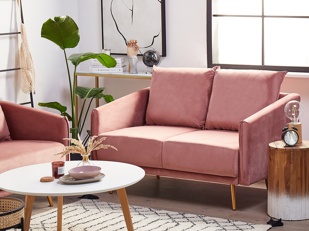 2-Sitzer Sofa Samtstoff rosa mit goldenen Beinen MAURA 