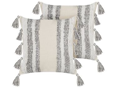Set of 2 Tufted Cotton Cushions with Tassels 45 x 45 cm Beige and Grey HELICONIA