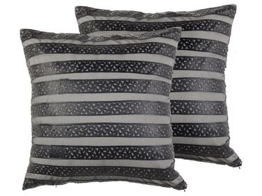 Set of 2 Faux Leather Cushions Striped 45 x 45 cm Black LUNARIA