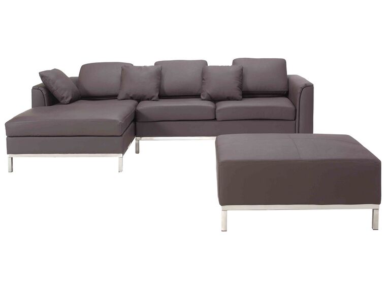 Sofa med chaiselong og skammel Højrevendt Læder Brun OSLO_285419