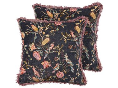 Set of 2 Velvet Fringed Cushions with Flower Pattern 45 x 45 cm Black and Pink MORUS