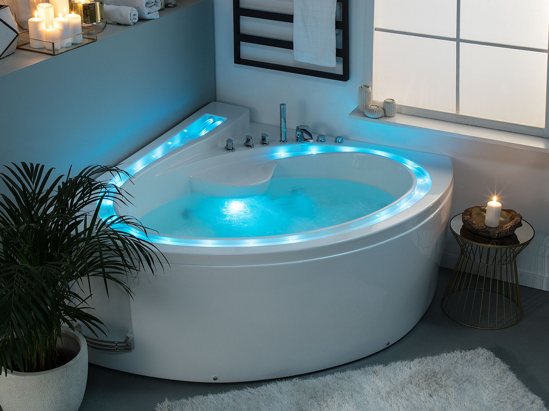Whirlpool Badewanne weiß Eckmodell mit LED 165 x 148 cm PELICAN ...